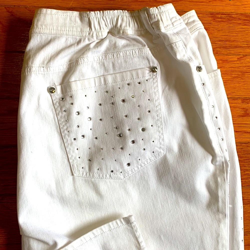 White capris with rhinestone accents